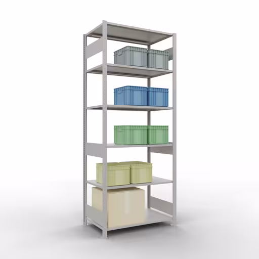 Grundregal, Fachbodenregal Stecksystem MULTIplus150, 2500 x 1000 x 600 mm (HxBxT), 6 Fachböden, Längenriegel, RAL 7035 lichtgrau mit der Artikelnr. 32661-LR Grundregal, Fachbodenregal Stecksystem MULTIplus150, 2500 x 1000 x 600 mm (HxBxT), 6 Fachböden, Längenriegel, RAL 7035 lichtgrau von Schulte Lagertechnik aus der Kategorie Stecksystem