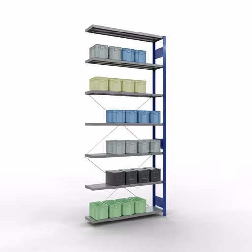 Produktbild Nr 14 des Artikels Anbauregal, Fachbodenregal Stecksystem MULTIplus250, 3000 x 1300 x 300 mm (HxBxT), 7 Fachböden, Kreuzstrebe, RAL 5010 enzianblau/verzinkt Abbildung Nr 14 des Artikels Anbauregal, Fachbodenregal Stecksystem MULTIplus250, 3000 x 1300 x 300 mm (HxBxT), 7 Fachböden, Kreuzstrebe, RAL 5010 enzianblau/verzinkt aus der Produktgruppe Stecksystem von der Marke Schulte Lagertechnik