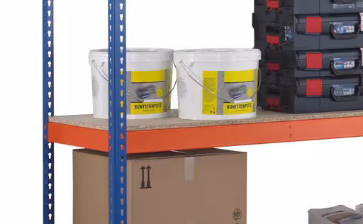 Andere Ansicht des Artikels Grundregal, Weitspannregal Z1 mit Spanplatten, 3048 x 2146 x 469 mm, blau/orange/verzinkt, 4 Ebenen, Fachlast 577 kg, Feldlast 2.500 kg aus der Kategorie Weitspannregale