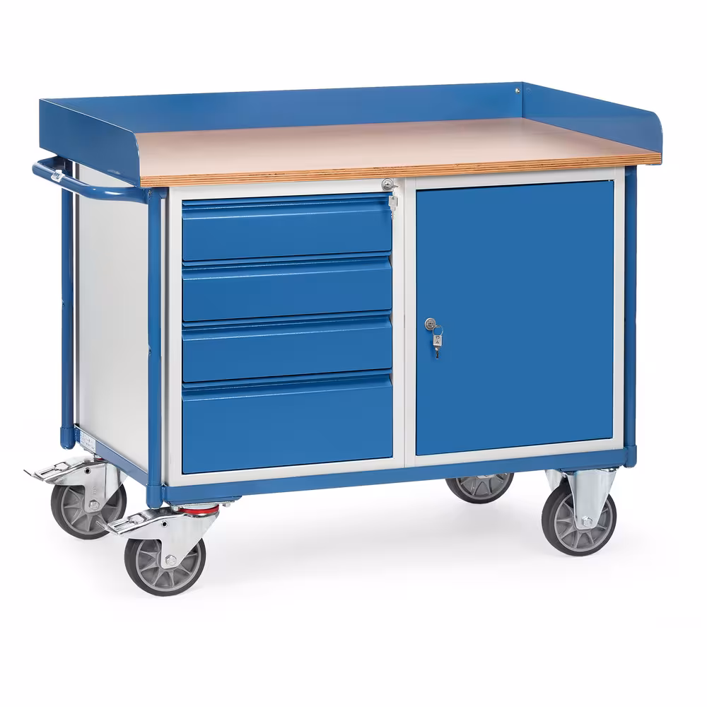 Werkstattwagen 2438 pulverbeschichtet RAL 5007. Arbeitsplatte aus Buchensperrholz, 22 mm stark aus der Kategorie Werkstattwagen mit der Artikelnummer 2438