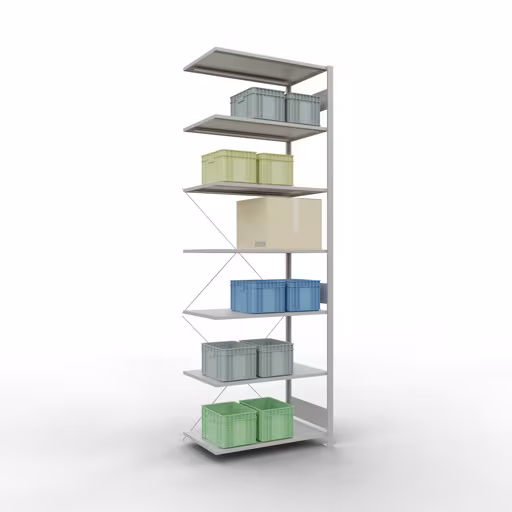 Anbauregal, Eckregal (Feld C) 3000 x 1000 x 600, 7 Fachböden, Kreuzstrebe, RAL 7035 lichtgrau mit der GTIN 4004514241603 Anbauregal, Eckregal (Feld C) 3000 x 1000 x 600, 7 Fachböden, Kreuzstrebe, RAL 7035 lichtgrau von Schulte Lagertechnik mit der Artikelnr. 32667-ECK