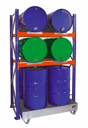 Zusatzbild des Artikels Grundregal, Fassregal, 2500 x 1350 x 800 mm, blau/verzinkt/RAL 2004, 2 Ebenen für je 2 Fässer 200 l liegend; 1 Bodenwanne 1330 x 1100 mm aus Fassregale