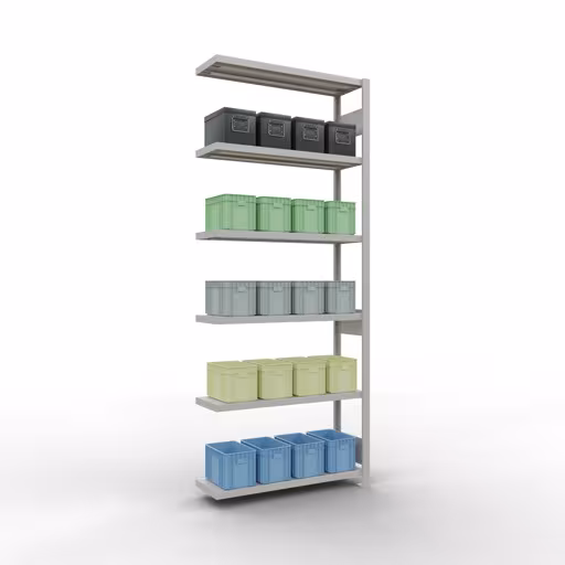 Abbildung Nr 14 des Artikels Anbauregal, Fachbodenregal Stecksystem MULTIplus250, 2500 x 1000 x 300 mm (HxBxT), 6 Fachböden, Längenriegel, RAL 7035 lichtgrau aus der Produktgruppe Stecksystem von der Marke Schulte Lagertechnik