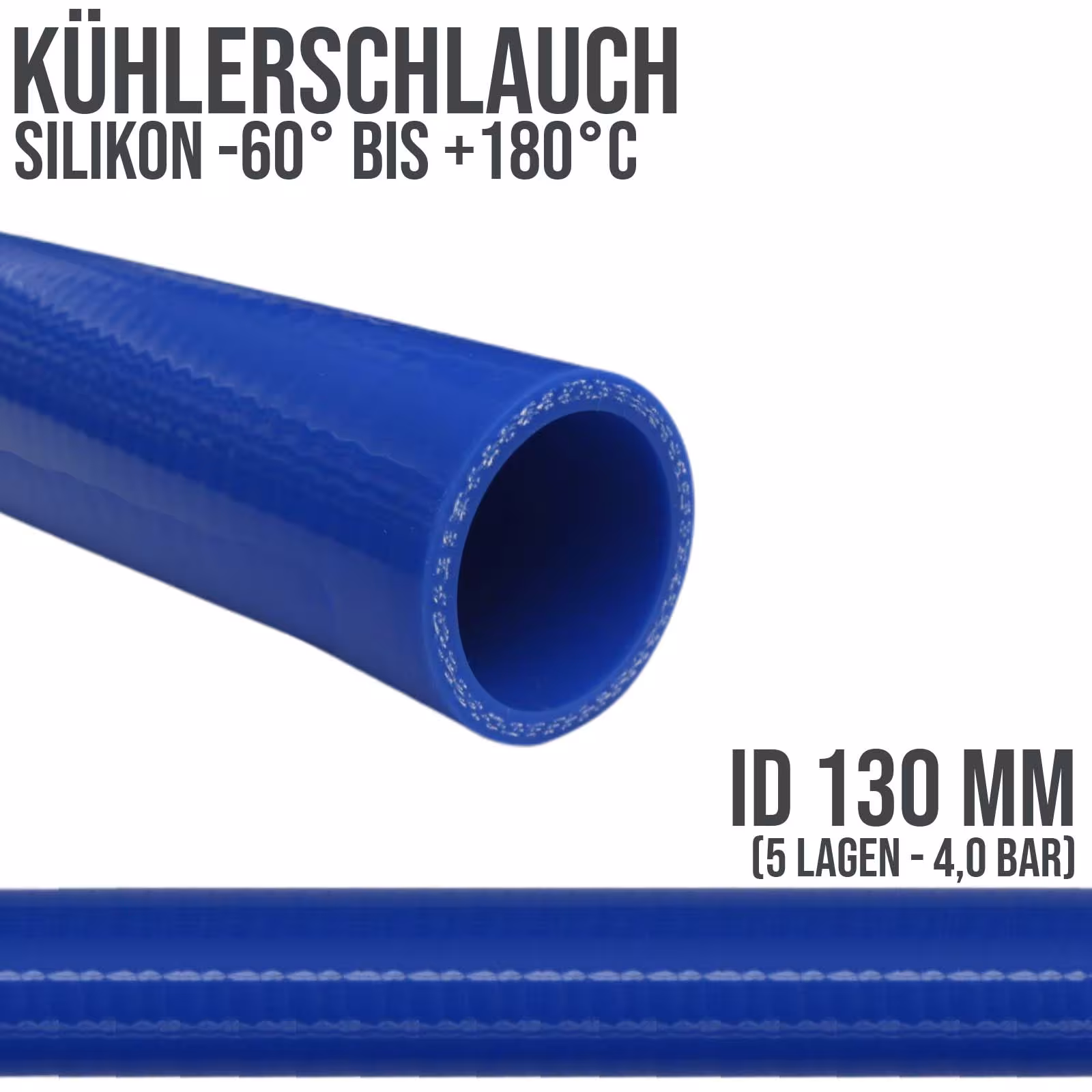 130 x 140 mm Kühler Silikon LLK Ladeluft Kühlmittel Schlauch blau PN 4,0 bar - Fixlänge 1 m aus der Kategorie Kühlwasserschläuche mit der Artikelnummer KSS130-1000GA