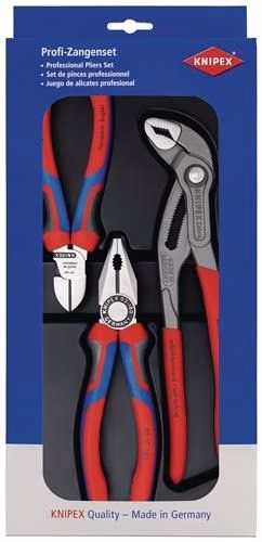 Contenu de l'emballage best-seller du jeu de pinces : jeu de 3 pinces en plastique poli embouties de la marque Knipex Coffret de pinces best-seller, contenu : 3 pinces en plastique poli embouti, KNIPEX, catégorie « autres pinces », référence 4000795119