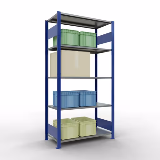 Zusatzbild des Artikels Grundregal, Fachbodenregal Stecksystem MULTIplus150, 2000 x 1000 x 500 mm (HxBxT), 5 Fachböden, Längenriegel, RAL 5010 enzianblau/verzinkt aus der Kategorie Stecksystem