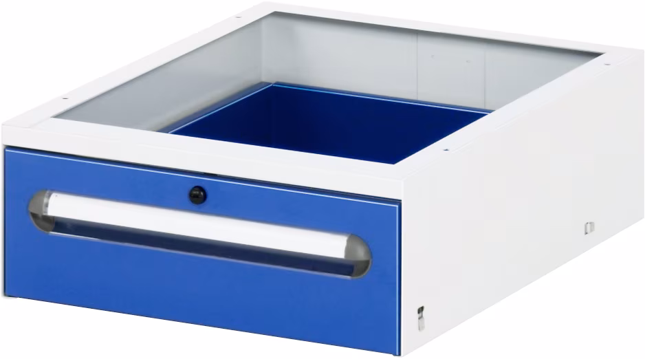 Contenitore sottopiano con 1 cassetto, L425xP600xH175mm, RAL7035/RAL5010 di Rau Contenitore sottobanco con cassetti della categoria Attrezzature per il posto di lavoro con il numero di articolo E-US-1-1A.11