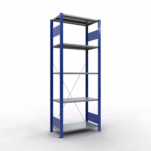 Grundregal, Fachbodenregal Stecksystem MULTIplus150, 2000 x 750 x 400 mm (HxBxT), 5 Fachböden, Kreuzstrebe, RAL 5010 enzianblau/verzinkt/verzinkt aus der Kategorie Grundregal mit der Artikelnummer 12740-75-B
