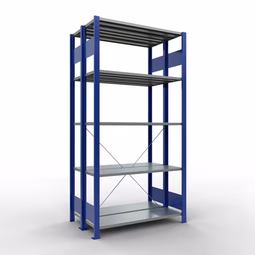 Produktbild Nr.12 des Artikels Grundregal, Doppelregal, Fachbodenregal Stecksystem MULTIplus150, 2000 x 1000 x (2x300) mm (HxBxT), 2x5 Fachböden, Kreuzstrebe, RAL 5010 enzianblau aus der Produktreihe Fachbodenregale von der Marke Schulte Lagertechnik