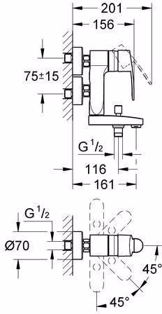 Technische Zeichnung 4009965 GROHE Einhebel-Wannenbatterie Eurostyle C Vertica 23301 Wandmontage chrom
