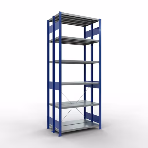 Grundregal, Doppelregal, Fachbodenregal Stecksystem MULTIplus250, 2500 x 1000 x (2x300) mm (HxBxT), 2x6 Fachböden, Kreuzstrebe, RAL 5010 enzianblau von der Marke Schulte Lagertechnik Grundregal, Doppelregal, Fachbodenregal Stecksystem MULTIplus250, 2500 x 1000 x (2x300) mm (HxBxT), 2x6 Fachböden, Kreuzstrebe, RAL 5010 enzianblau aus der Kategorie Doppelregale mit der Artikelnummer 32131-G-B