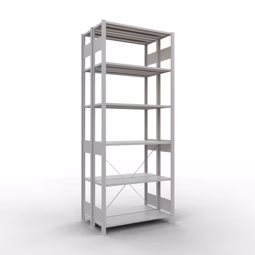 Grundregal, Doppelregal, Fachbodenregal Stecksystem MULTIplus150, 2500 x 1000 x (2x300) mm (HxBxT), 2x6 Fachböden, Kreuzstrebe, RAL 7035 lichtgrau von der Marke Schulte Lagertechnik Grundregal, Doppelregal, Fachbodenregal Stecksystem MULTIplus150, 2500 x 1000 x (2x300) mm (HxBxT), 2x6 Fachböden, Kreuzstrebe, RAL 7035 lichtgrau aus der Kategorie Doppelregale mit der Artikelnummer 32731