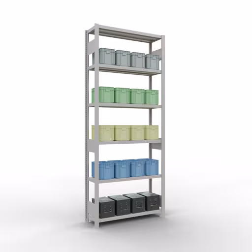 Produktbild Nr 13 des Artikels Grundregal, Fachbodenregal Stecksystem MULTIplus250, 2500 x 1000 x 300 mm (HxBxT), 6 Fachböden, Längenriegel, RAL 7035 lichtgrau Abbildung Nr 13 des Artikels Grundregal, Fachbodenregal Stecksystem MULTIplus250, 2500 x 1000 x 300 mm (HxBxT), 6 Fachböden, Längenriegel, RAL 7035 lichtgrau aus der Produktgruppe Stecksystem von der Marke Schulte Lagertechnik