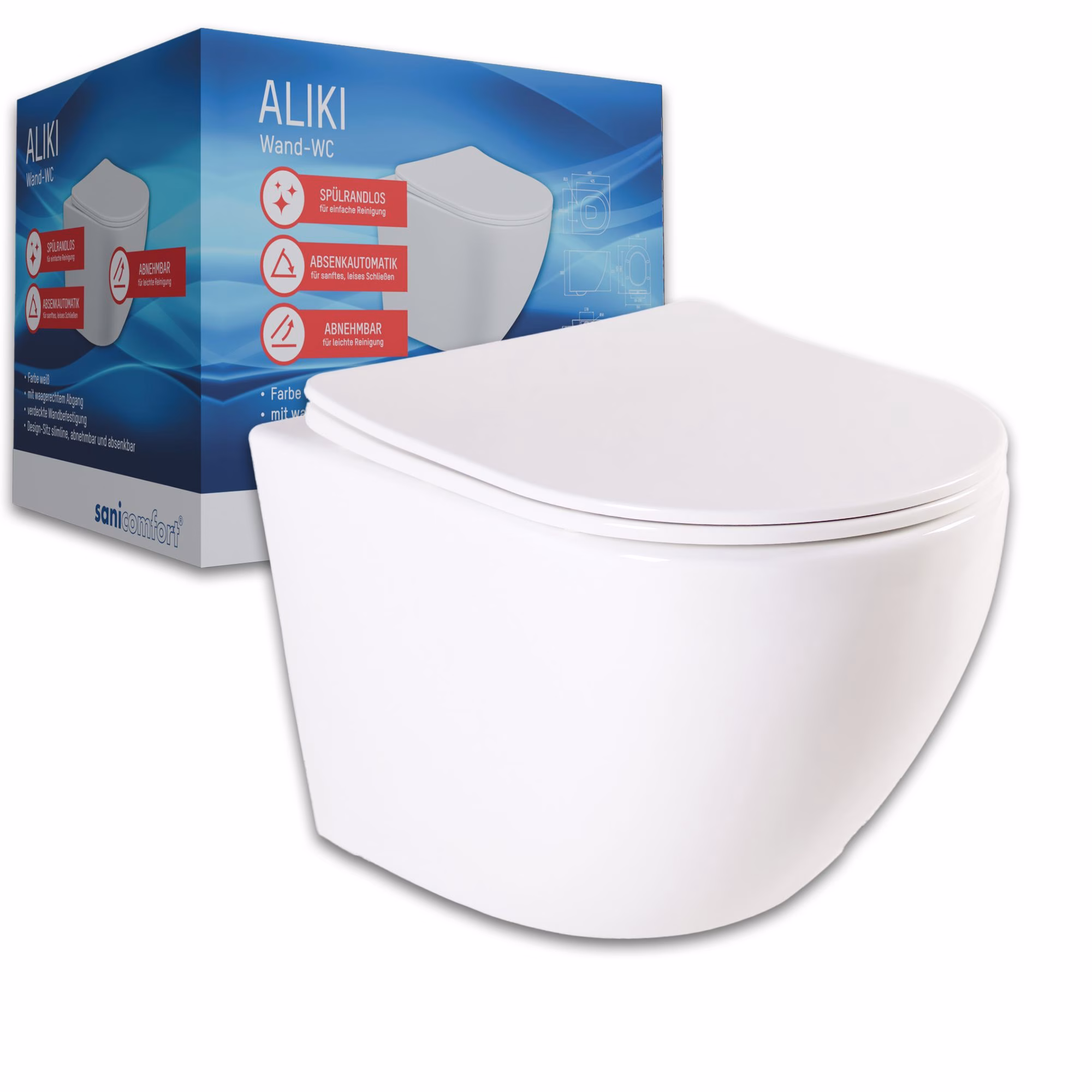 sanicomfort Wand WC Set Aliki, spülrandlos,Tiefspüler inkl. WC Sitz, weiß