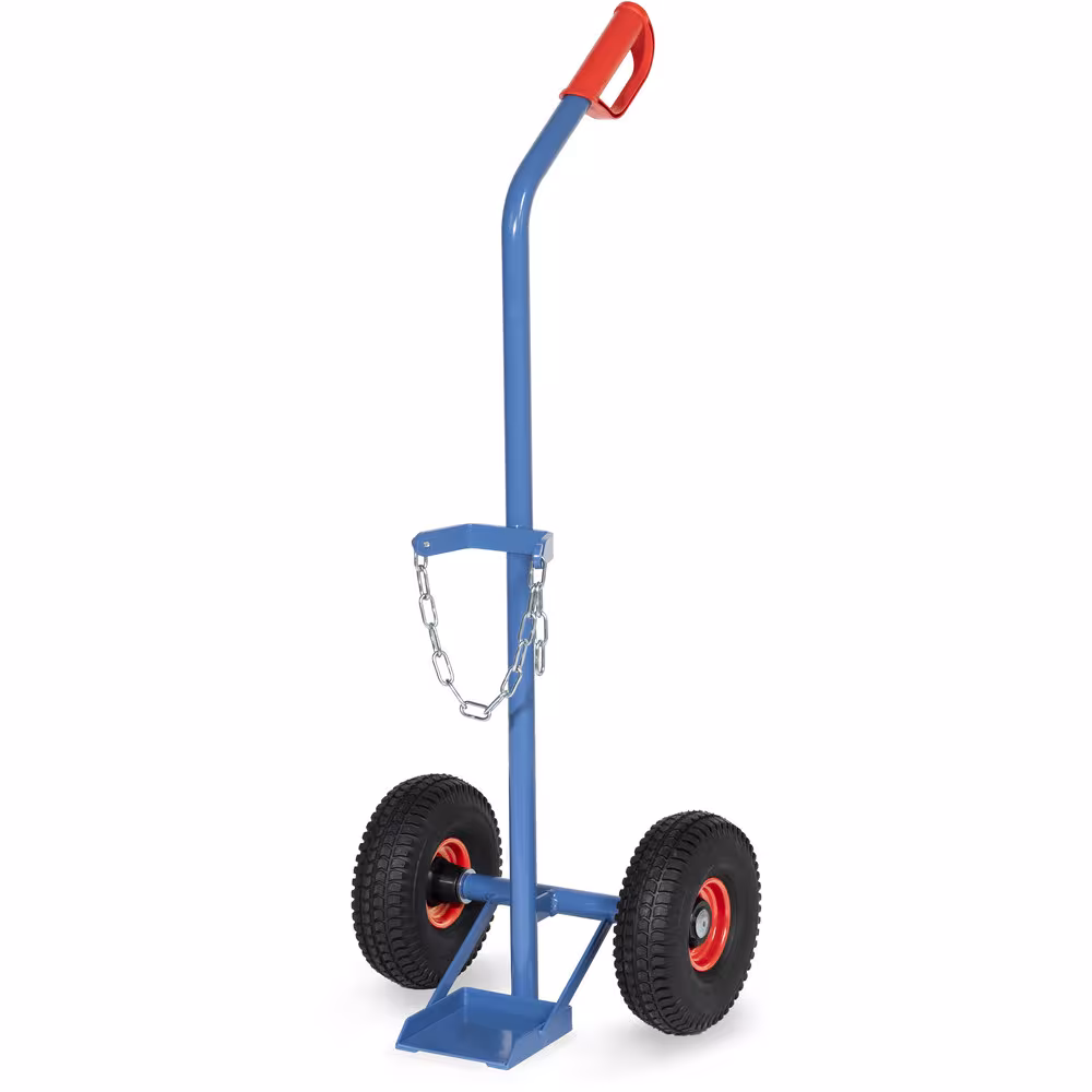 Stahlflaschenkarre 10 l pulverbeschichtet blau RAL 5007. Flaschenhalterungen mit Kettensicherung von der Marke Fetra aus der Kategorie Karren