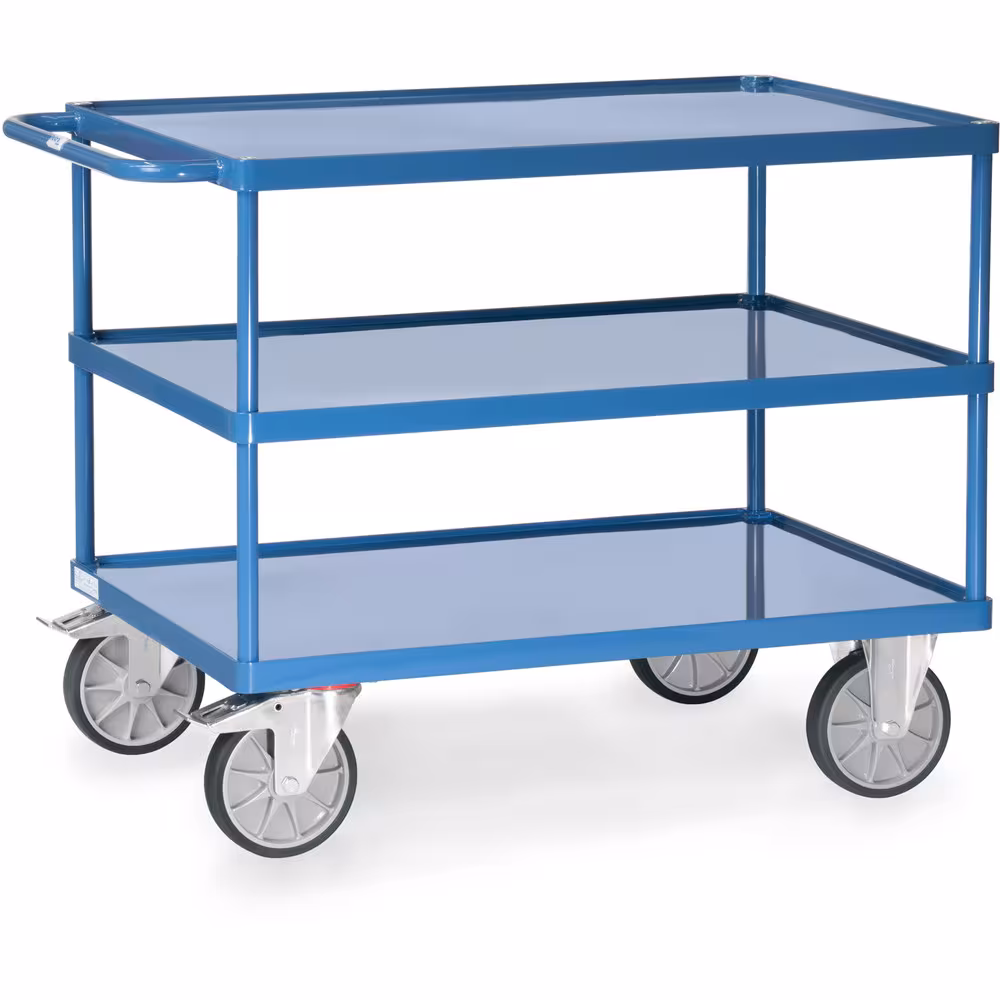 Tischwagen 2421W - Stahlblech-Wannen Breite 600 mm, Länge 1000 mm von der Marke Fetra Tischwagen 3 Etagen - Stahlblech-Wannen Stahlrohr und Profilstahl geschweißt, pulverbeschichtet RAL 5007, 3 Stahlblechwannen mit 10 mm hohem Rand Typ Ladeflächenlänge: 1000 mm aus der Kategorie Tischwagen mit der Artikelnr. 2421W
