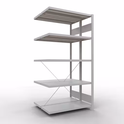 Produktbild Nr.14 des Artikels Anbauregal, Doppelregal, Fachbodenregal Stecksystem MULTIplus250, 2000 x 1000 x (2x400) mm (HxBxT), 2x5 Fachböden, Kreuzstrebe, RAL 7035 lichtgrau aus der Produktreihe Fachbodenregale von der Marke Schulte Lagertechnik