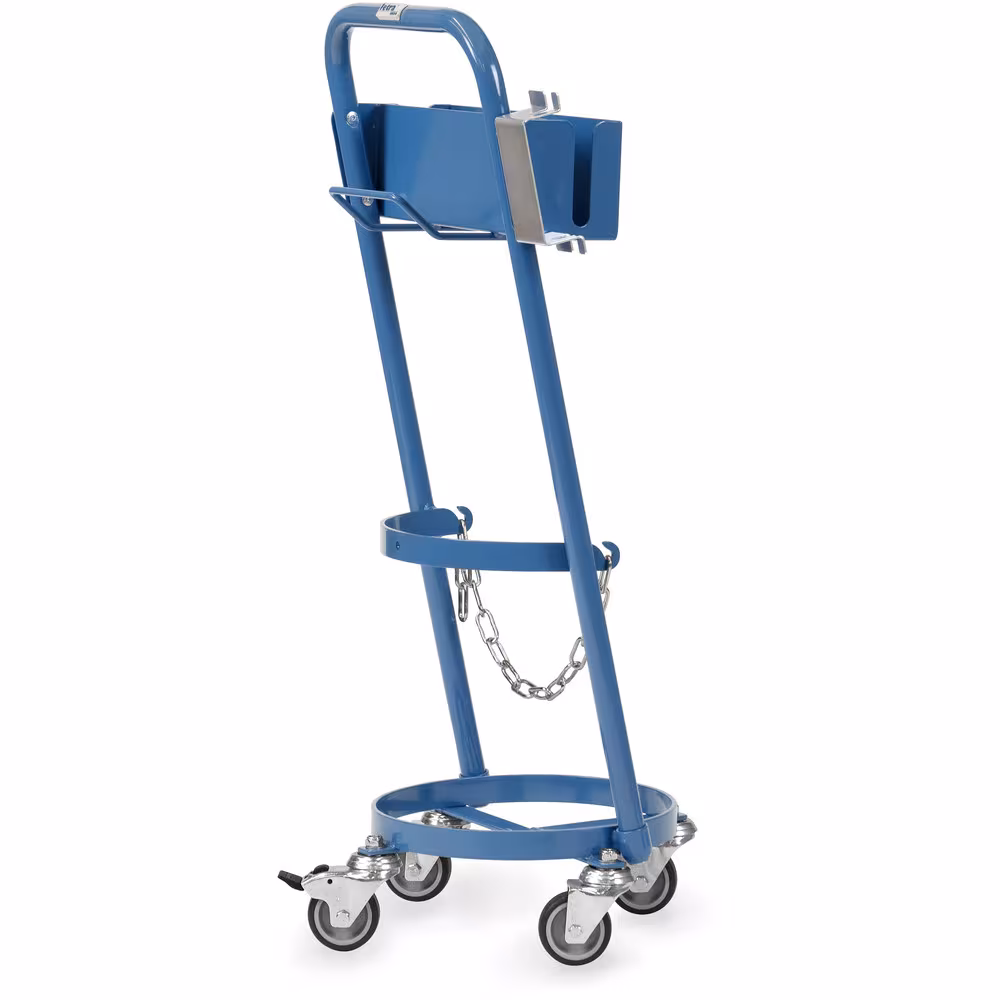 Stahlflaschenroller 51162 mit Haken für Schlauchaufwicklung, Schrumpfpistolenhalter, zusätzlicher Halterung für handelsübliche Anwärm- und Abflammbrenner von der Marke Fetra aus der Produktreihe Transportsysteme