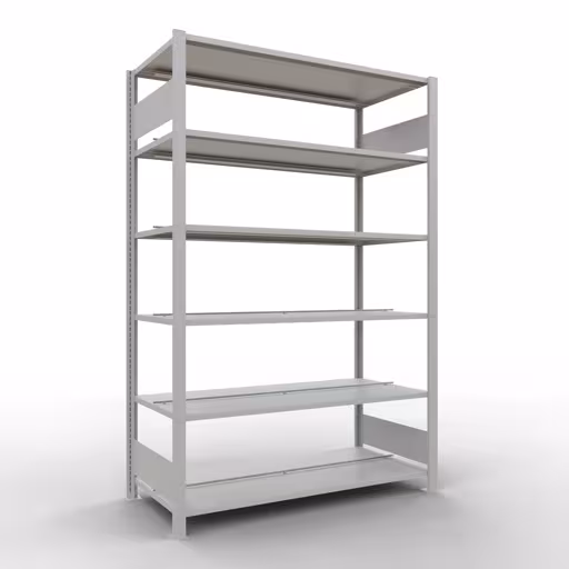 Grundregal, Büro-Fachbodenregal Stecksystem MULTIplus150, 2000 x 1300 x 600 mm (HxBxT), 6 Fachböden, Längenriegel, mit Mittelanschlag, lichtgrau aus der Kategorie Stecksystem mit der Artikelnummer 36044