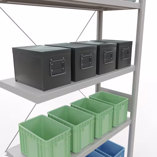 Produktbild Nr 13 des Artikels Anbauregal, Fachbodenregal Stecksystem MULTIplus330, 3000 x 1000 x 400 mm (HxBxT), 7 Fachböden, Kreuzstrebe, RAL 7035 lichtgrau Abbildung Nr 13 des Artikels Anbauregal, Fachbodenregal Stecksystem MULTIplus330, 3000 x 1000 x 400 mm (HxBxT), 7 Fachböden, Kreuzstrebe, RAL 7035 lichtgrau aus der Produktgruppe Stecksystem von der Marke Schulte Lagertechnik