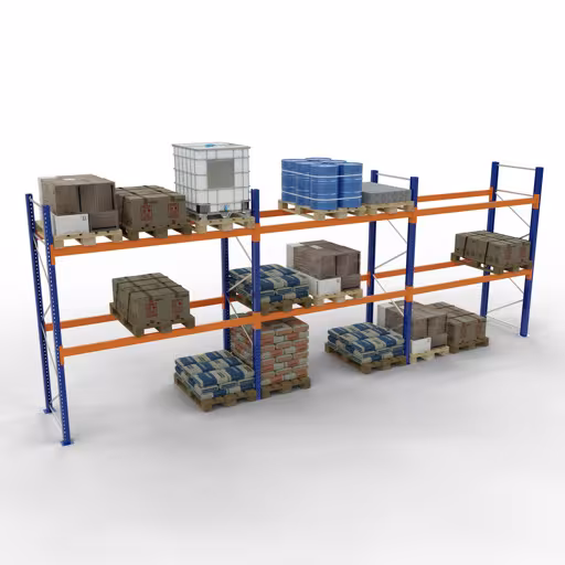 Palletstelling 3 velden van elk 2.700 mm - 3.000 x 1.100 mm, HxD, 12 staven (1.500 kg) uit de categorie accessoires met GTIN 4058255107599 Palletstellingen 3 velden van elk 2.700 mm - 3.000 x 1.100 mm, HxD, 12 staven (1.500 kg) van Schulte Lagertechnik uit het assortiment palletstellingen