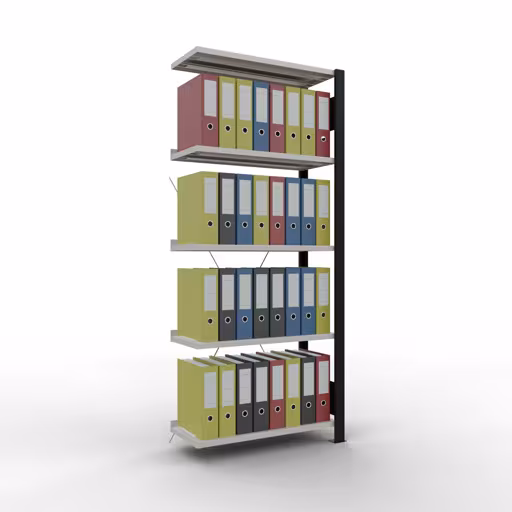 Anbauregal, Büro-Fachbodenregal Stecksystem MULTIplus85, 1800 x 750 x 300 mm (HxBxT), 5 Fachböden, Kreuzstrebe, mit Anschlagleiste, schwarz/lichtgrau aus der Kategorie Stecksystem mit der GTIN 4004514249692 Anbauregal, Büro-Fachbodenregal Stecksystem MULTIplus85, 1800 x 750 x 300 mm (HxBxT), 5 Fachböden, Kreuzstrebe, mit Anschlagleiste, schwarz/lichtgrau von der Marke Schulte Lagertechnik aus der Produktreihe Büroregale