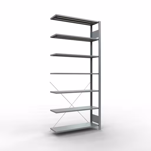 Anbauregal, Büro-Fachbodenregal Stecksystem MULTIplus85, 2300 x 1000 x 300 mm (HxBxT), 7 Fachböden, Kreuzstrebe, verzinkt, ohne Anschlagleiste aus der Kategorie Stecksystem mit der Artikelnummer 17734