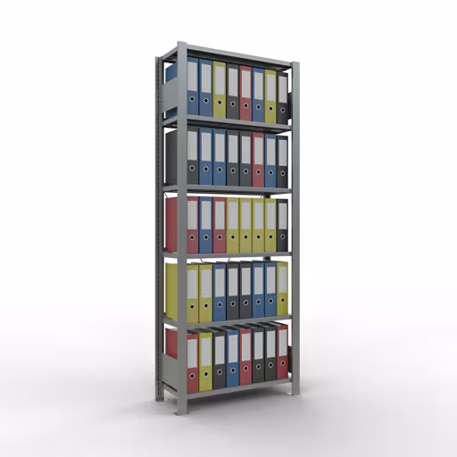 Grundregal, Büro-Fachbodenregal Stecksystem MULTIplus85, 2000 x 750 x 300 mm (HxBxT), 6 Fachböden, Kreuzstrebe, verzinkt, mit Anschlagleiste von Schulte Lagertechnik mit der Artikelnr. 17706
