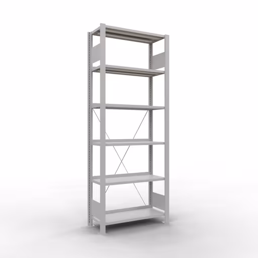 Grundregal, Büro-Fachbodenregal Stecksystem MULTIplus85, 2000 x 750 x 300 mm (HxBxT), 6 Fachböden, Kreuzstrebe, mit Anschlagleiste, lichtgrau aus der Kategorie Stecksystem mit der Artikelnummer 36006