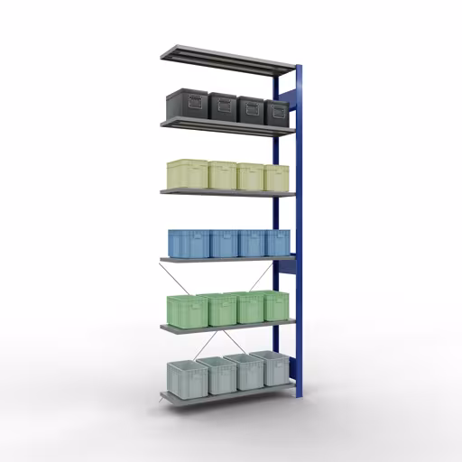 Produktbild Nr 13 des Artikels Anbauregal, Fachbodenregal Stecksystem MULTIplus85, 2500 x 1000 x 300 mm (HxBxT), 6 Fachböden, Kreuzstrebe, RAL 5010 enzianblau Abbildung Nr 13 des Artikels Anbauregal, Fachbodenregal Stecksystem MULTIplus85, 2500 x 1000 x 300 mm (HxBxT), 6 Fachböden, Kreuzstrebe, RAL 5010 enzianblau aus der Produktgruppe Stecksystem von der Marke Schulte Lagertechnik