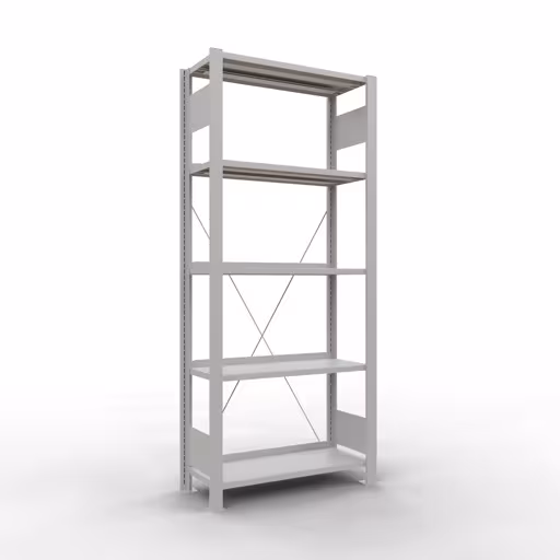 Grundregal, Büro-Fachbodenregal Stecksystem MULTIplus85, 1800 x 750 x 300 mm (HxBxT), 5 Fachböden, Kreuzstrebe, mit Anschlagleiste, lichtgrau von der Marke Schulte Lagertechnik Grundregal, Büro-Fachbodenregal Stecksystem MULTIplus85, 1800 x 750 x 300 mm (HxBxT), 5 Fachböden, Kreuzstrebe, mit Anschlagleiste, lichtgrau aus der Kategorie Stecksystem mit der Artikelnummer 36000