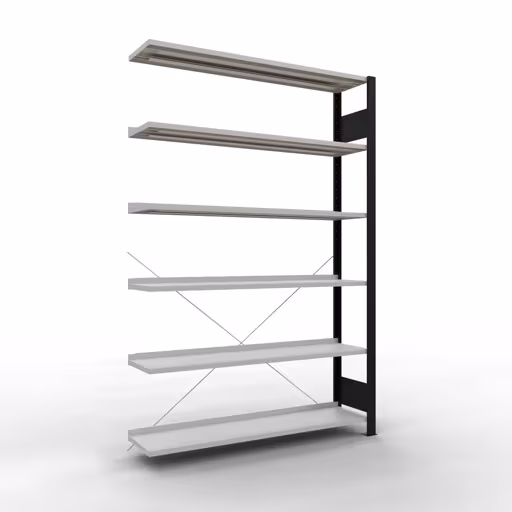 Anbauregal, Büro-Fachbodenregal Stecksystem MULTIplus85, 2000 x 1300 x 300 mm (HxBxT), 6 Fachböden, Kreuzstrebe, mit Anschlagleiste, schwarz/lichtgrau aus der Kategorie Stecksystem mit der Artikelnummer 36011-S
