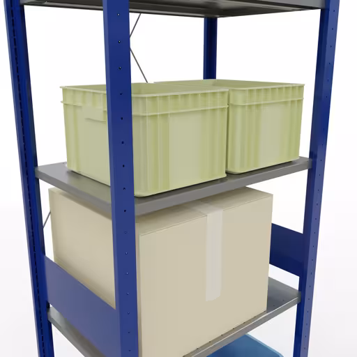 Grundregal, Fachbodenregal Stecksystem MULTIplus150, 3000 x 750 x 500 mm (HxBxT), 7 Fachböden, Kreuzstrebe, RAL 5010 enzianblau/verzinkt/verzinkt mit der GTIN 4004514280510 Grundregal, Fachbodenregal Stecksystem MULTIplus150, 3000 x 750 x 500 mm (HxBxT), 7 Fachböden, Kreuzstrebe, RAL 5010 enzianblau/verzinkt/verzinkt von Schulte Lagertechnik mit der Artikelnr. 12752-75-B