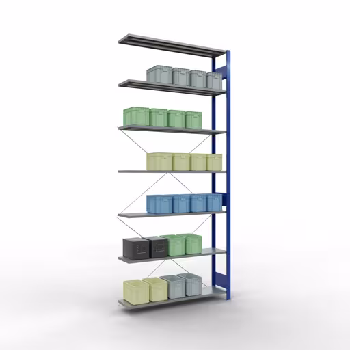 Anbauregal, Fachbodenregal Stecksystem MULTIplus150, 3000 x 1300 x 300 mm (HxBxT), 7 Fachböden, Kreuzstrebe, RAL 5010 enzianblau/verzinkt aus der Kategorie Anbauregal mit der GTIN 4004514279828 Anbauregal, Fachbodenregal Stecksystem MULTIplus150, 3000 x 1300 x 300 mm (HxBxT), 7 Fachböden, Kreuzstrebe, RAL 5010 enzianblau/verzinkt von der Marke Schulte Lagertechnik aus der Produktreihe Stecksystem