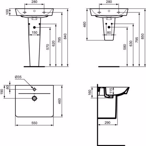 Waschtisch Connect Air weiß 550x460x160mm 1 Hahnloch, mit Überlauf IDEAL STANDARD