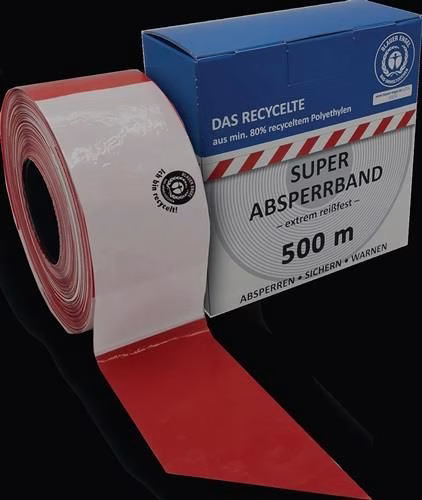 Afzetlint, 500 m lang, 80 mm breed, rood/wit, blokvormig, gerecycled, 500 m/doos, merk KELMAPLAST. Afzetlint, 80 mm breed, KELMAPLAST, uit de categorie afzettingen en veiligheid op de bouwplaats, artikelnummer 4000818398