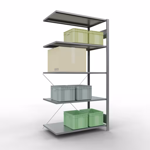 Produktbild Nr 14 des Artikels Anbauregal, Fachbodenregal Stecksystem MULTIplus85, 2000 x 1000 x 600 mm (HxBxT), 5 Fachböden, Kreuzstrebe, verzinkt Abbildung Nr 14 des Artikels Anbauregal, Fachbodenregal Stecksystem MULTIplus85, 2000 x 1000 x 600 mm (HxBxT), 5 Fachböden, Kreuzstrebe, verzinkt aus der Produktgruppe Stecksystem von der Marke Schulte Lagertechnik