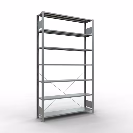 Grundregal, Büro-Fachbodenregal Stecksystem MULTIplus85, 2300 x 1300 x 300 mm (HxBxT), 7 Fachböden, Kreuzstrebe, verzinkt, ohne Anschlagleiste aus der Kategorie Stecksystem mit der Artikelnummer 17732