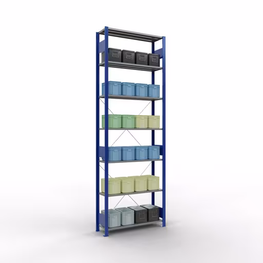 Grundregal, Fachbodenregal Stecksystem MULTIplus150, 3000 x 1000 x 300 mm (HxBxT), 7 Fachböden, Kreuzstrebe, RAL 5010/verzinkt mit der GTIN 4004514279637 Grundregal, Fachbodenregal Stecksystem MULTIplus150, 3000 x 1000 x 300 mm (HxBxT), 7 Fachböden, Kreuzstrebe, RAL 5010/verzinkt von Schulte Lagertechnik mit der Artikelnr. 12732-B