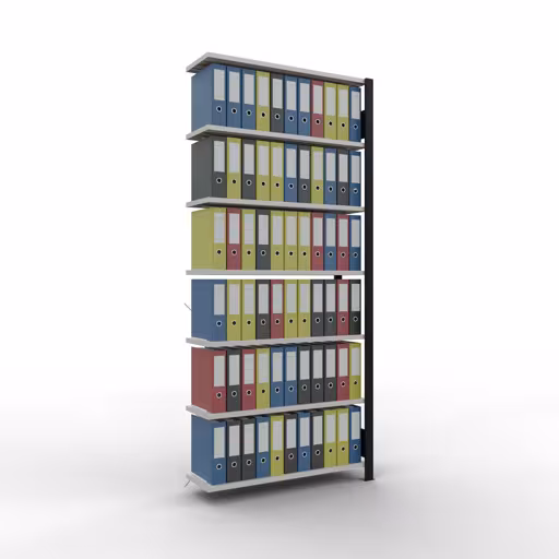 Anbauregal, Büro-Fachbodenregal Stecksystem MULTIplus85, 2300 x 1000 x 300 mm (HxBxT), 7 Fachböden, Kreuzstrebe, ohne Anschlagleiste, schwarz/lichtgrau von Schulte Lagertechnik mit der Artikelnr. 36034-S