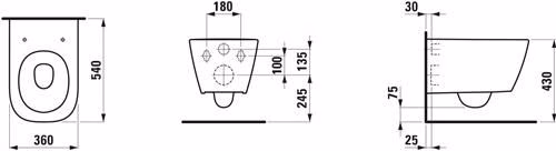Technische Zeichnung 4073137 Laufen Wand-Tiefspül-WC Pack MEDA Advanced spülrandlos verdeckte Befestigung mit WC-Sitz weiß
