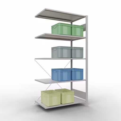 Anbauregal, Eckregal (Feld C) 2000 x 1000 x 600, 5 Fachböden, Kreuzstrebe, RAL 7035 lichtgrau mit der GTIN 4004514241580 Anbauregal, Eckregal (Feld C) 2000 x 1000 x 600, 5 Fachböden, Kreuzstrebe, RAL 7035 lichtgrau von Schulte Lagertechnik mit der Artikelnr. 32665-ECK