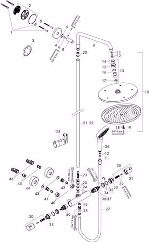 Technische Zeichnung 3982476 Hansgrohe Showerpipe CROMA SELECT 280 AIR 1 straalsoort nominale breedte 15 EcoSmart 9 liter per minuut chroom