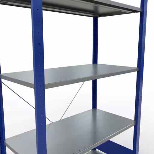 Abbildung Nr 13 des Artikels Grundregal, Fachbodenregal Stecksystem MULTIplus85, 2000 x 1000 x 500 mm (HxBxT), 5 Fachböden, Kreuzstrebe, RAL 5010 enzianblau aus der Produktgruppe Stecksystem von der Marke Schulte Lagertechnik