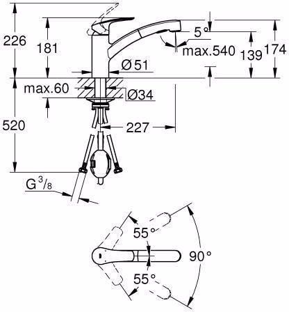 GROHE Einhand-Spültischbatterie Eurosmart 30305 flacher Auslauf mit ausziehbarer Dual-Spülbrause chrom
