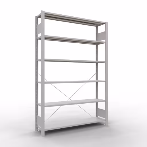 Grundregal, Büro-Fachbodenregal Stecksystem MULTIplus85, 2000 x 1300 x 300 mm (HxBxT), 6 Fachböden, Kreuzstrebe, ohne Anschlagleiste, lichtgrau aus der Kategorie Stecksystem mit der Artikelnummer 36026