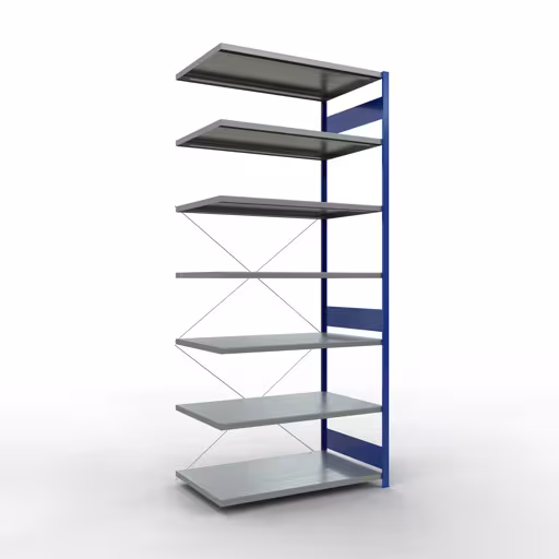 Anbauregal, Fachbodenregal Stecksystem MULTIplus250, 3000 x 1300 x 800 mm (HxBxT), 7 Fachböden, Kreuzstrebe, RAL 5010 enzianblau/verzinkt aus der Kategorie Anbauregal mit der Artikelnummer 12987-130-B