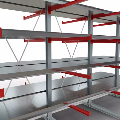 Abbildung Nr 11 des Artikels K 6000 Komplettregal, doppelseitig, 3000 x 4500 x 2x 1250 mm, RAL 7001 / RAL 3000, 5 Lagerebenen aus der Produktgruppe Kragarmregale von der Marke Schulte Lagertechnik