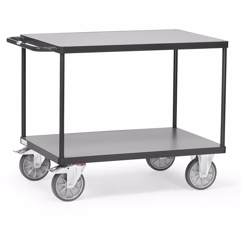Tischwagen 2400-7016 Breite 500 mm, Länge 850 mm von der Marke Fetra Tischwagen 2 Etagen 7016 mit dem MultiVario Baukasten-System aus Stahlrohr und Profilstahl geschweißt, pulverbeschichtet anthrazitgrau RAL 7016 Typ Ladeflächenbreite: 500 mm aus der Kategorie Tischwagen mit der Artikelnr. 2400-7016