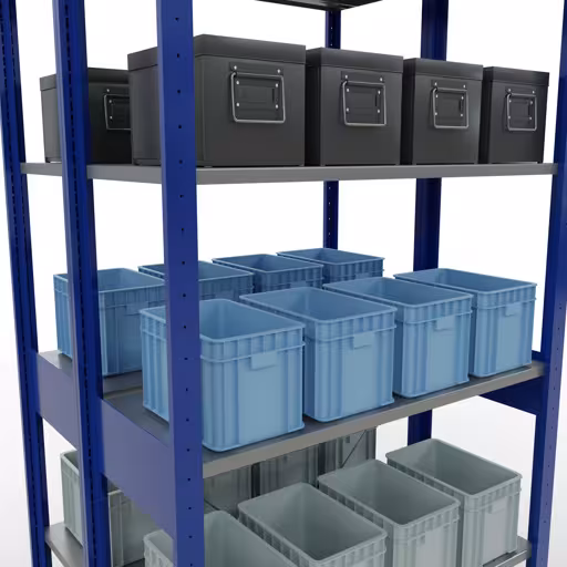 Zusatzbild des Artikels Grundregal, Doppelregal, Fachbodenregal Stecksystem MULTIplus150, 2500 x 1000 x (2x400) mm (HxBxT), 2x6 Fachböden, Kreuzstrebe, RAL 5010 enzianblau Zusatzbild des Artikels Grundregal, Doppelregal, Fachbodenregal Stecksystem MULTIplus150, 2500 x 1000 x (2x400) mm (HxBxT), 2x6 Fachböden, Kreuzstrebe, RAL 5010 enzianblau aus Doppelregale